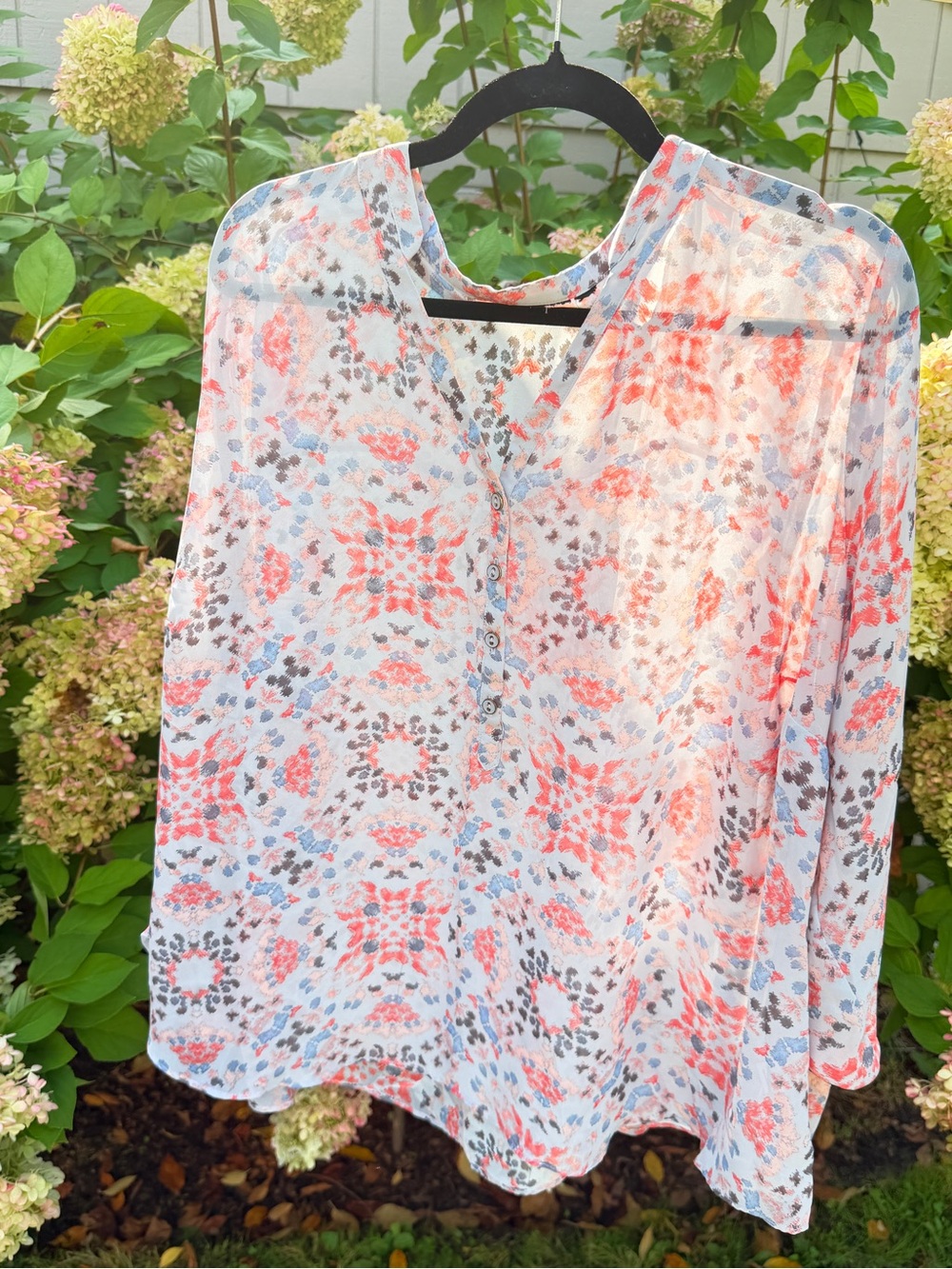 Semi-Sheer Floral Button-Front Blouse - Coral & Blue